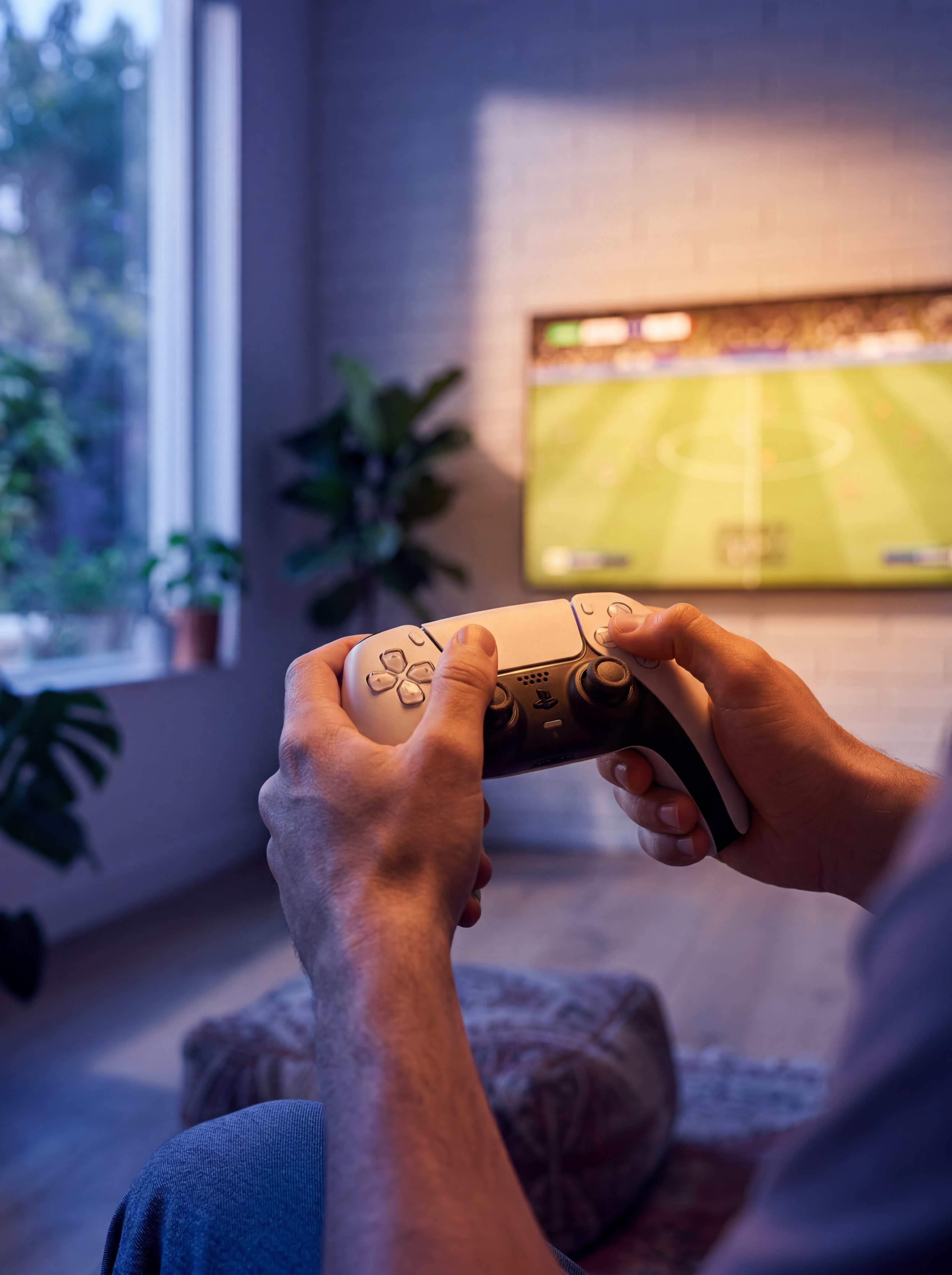 Tiener gamet op grote tv met controller