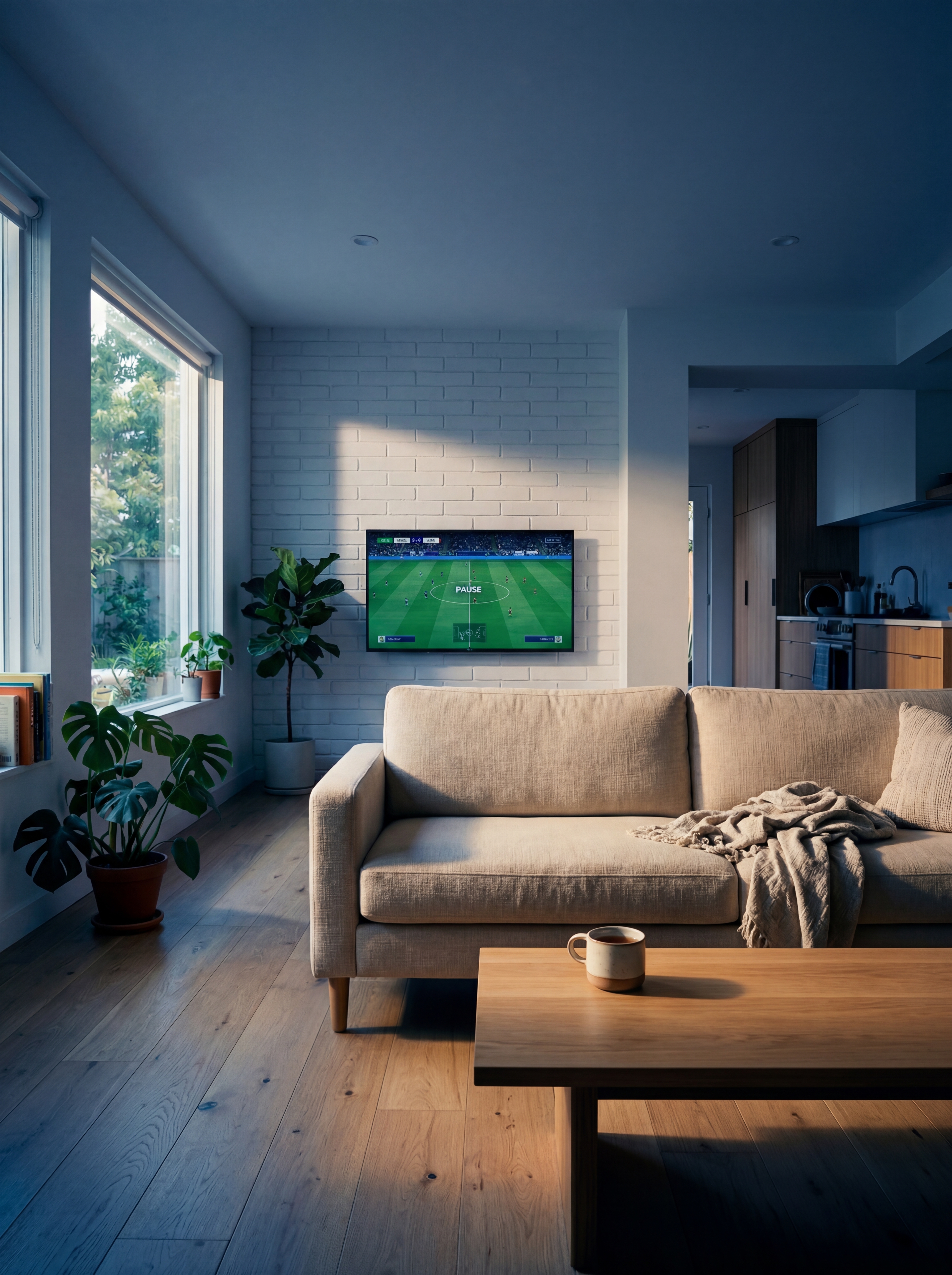 Iemand kijkt 's avonds ontspannen tv in de woonkamer